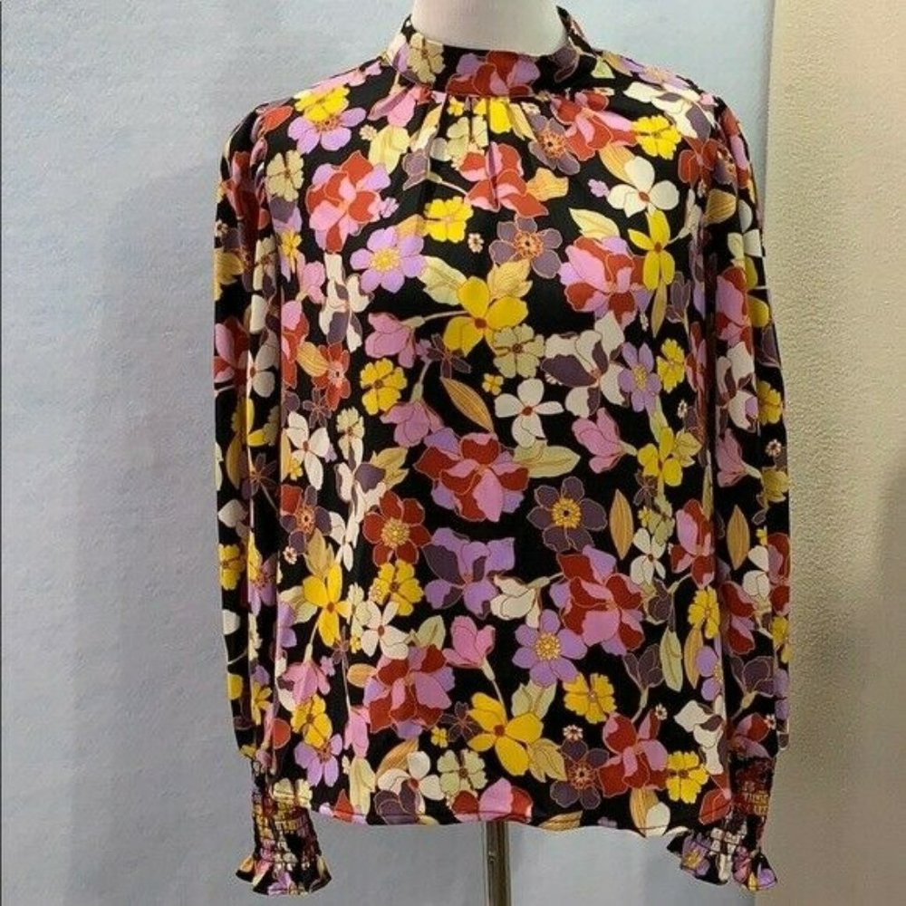 Bohemian Garden High Neck Pleated Blouse Who What Wear - Floral, Size Small